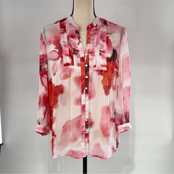 Jones New York Signature Petite Watercolor Blouse Size PL Sheer Red Pink Floral - Picture 5 of 13